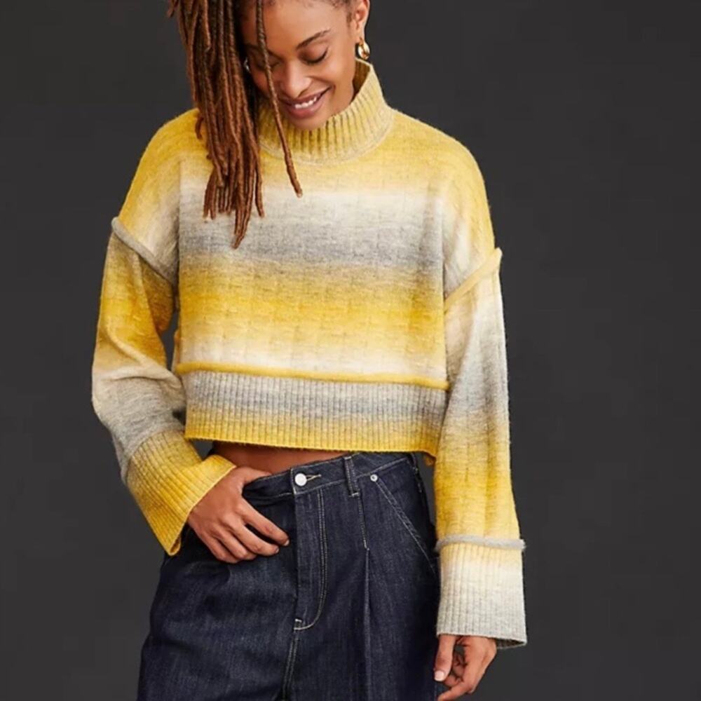 Pilcro Anthropologie Yellow Grey Ombre Striped Cropped Mock Neck Sweater XL